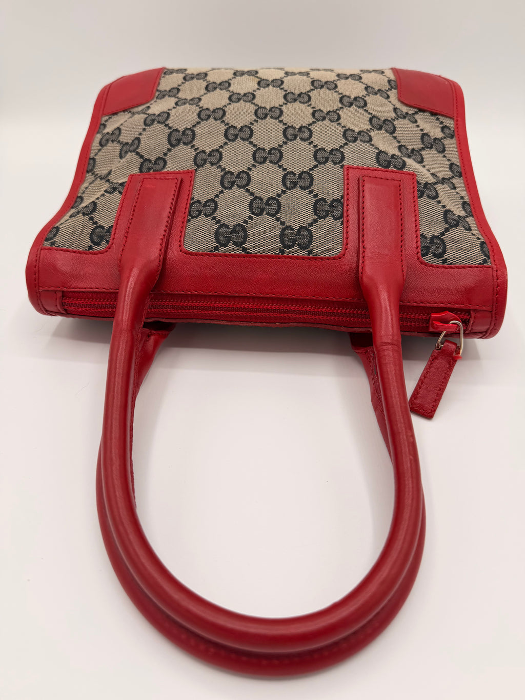 Vintage Gucci GG Canvas Top-Handle Tote with Red Leather Trim