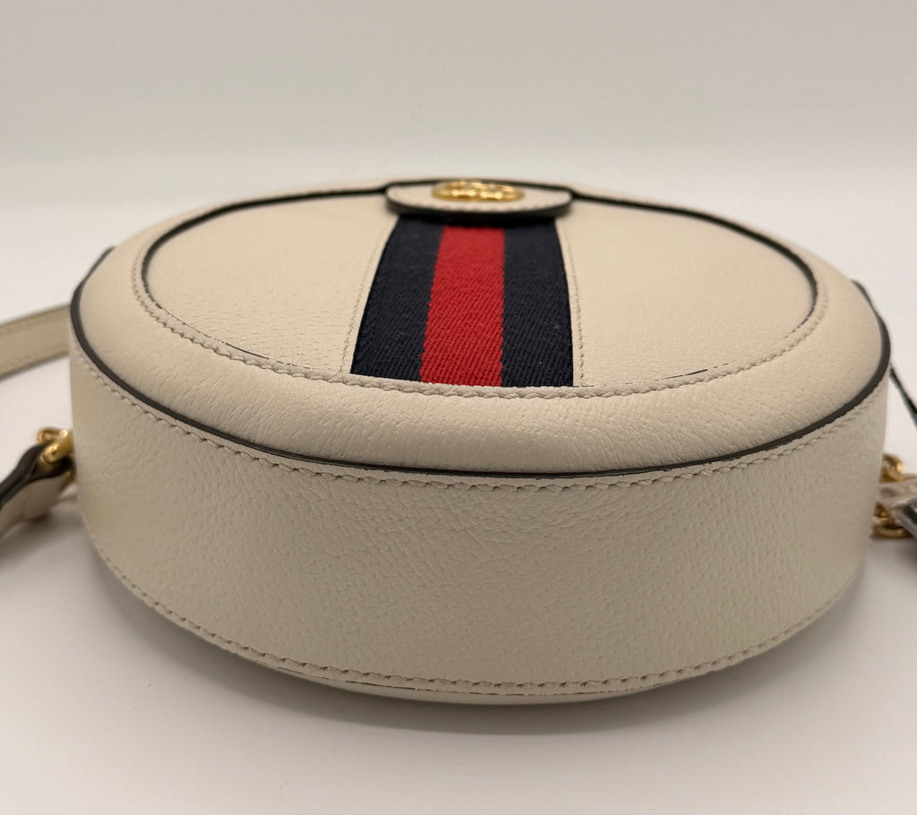 Gucci Ophidia Mini Round Crossbody Bag in White Leather with Web Stripe