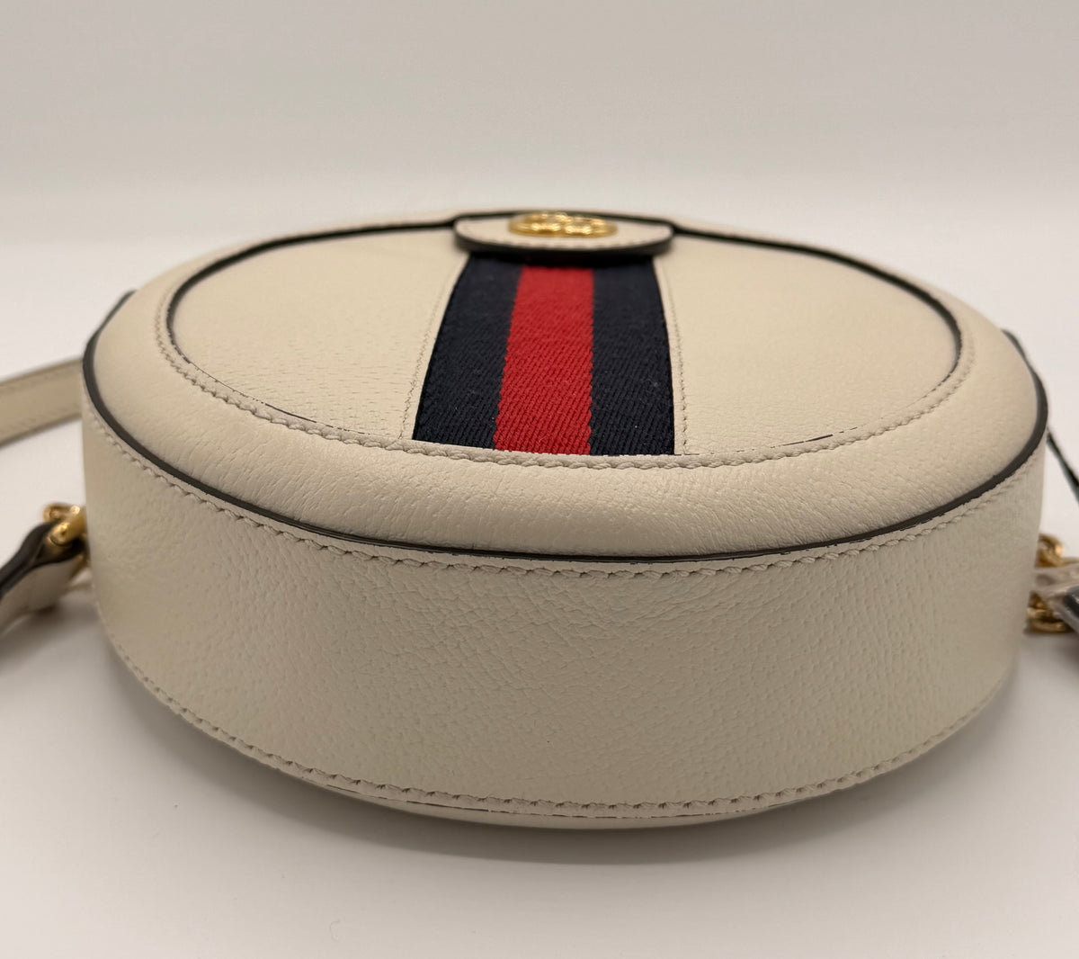 Gucci Ophidia Mini Round Crossbody Bag in White Leather with Web Stripe
