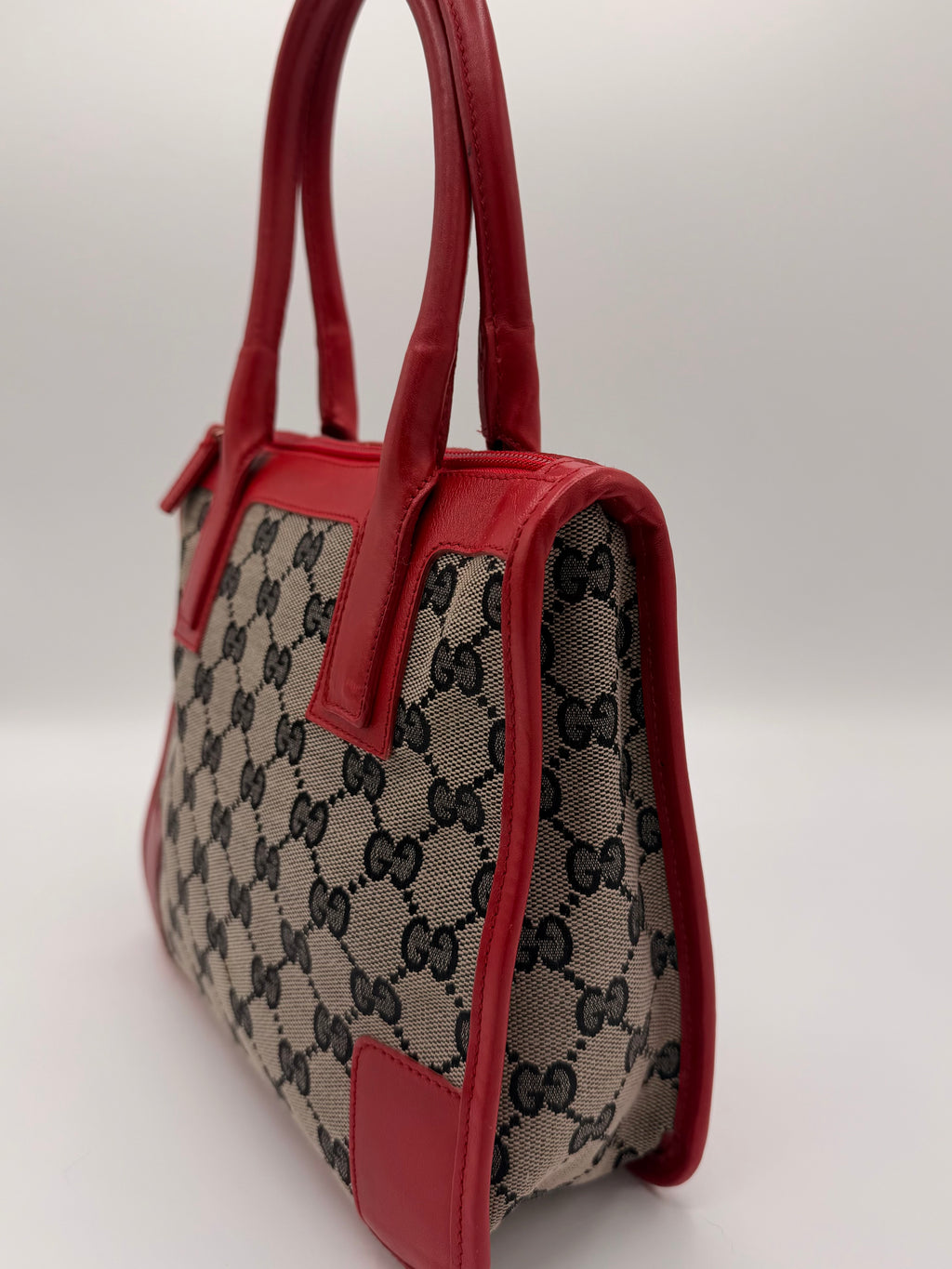 Vintage Gucci GG Canvas Top-Handle Tote with Red Leather Trim