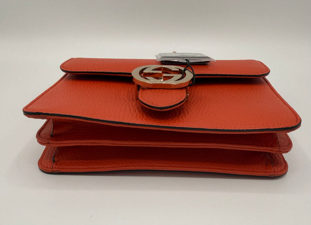 Gucci Dollar Calfskin Small Interlocking G Shoulder Bag in Orange Pebbled Leather