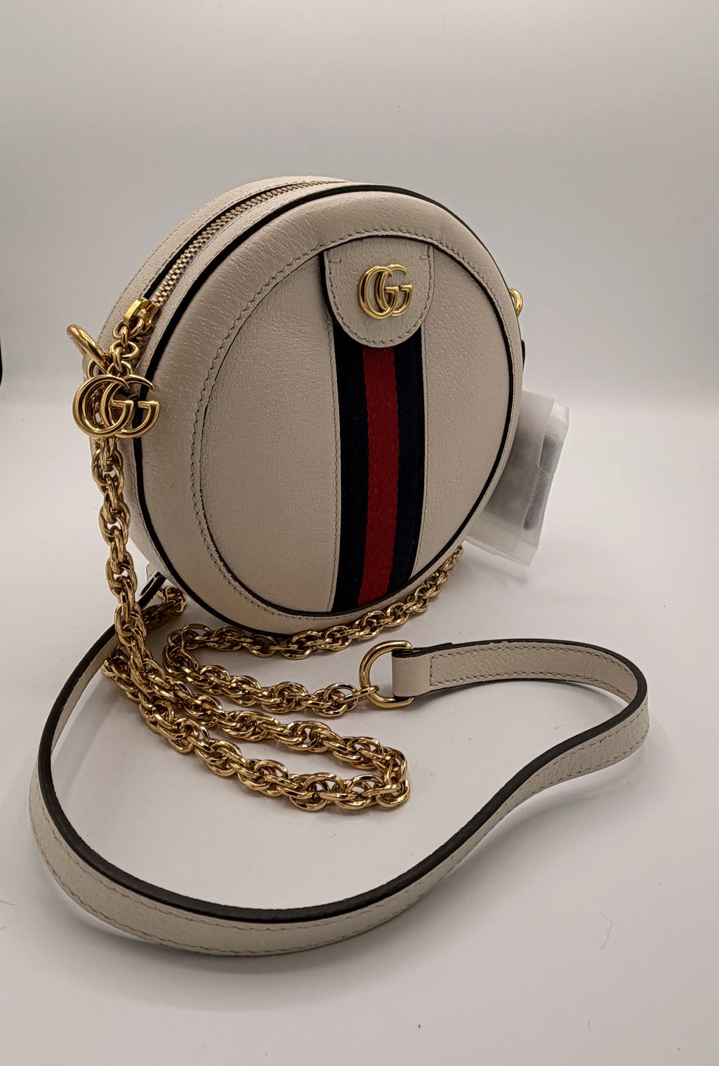 Gucci Ophidia Mini Round Crossbody Bag in White Leather with Web Stripe