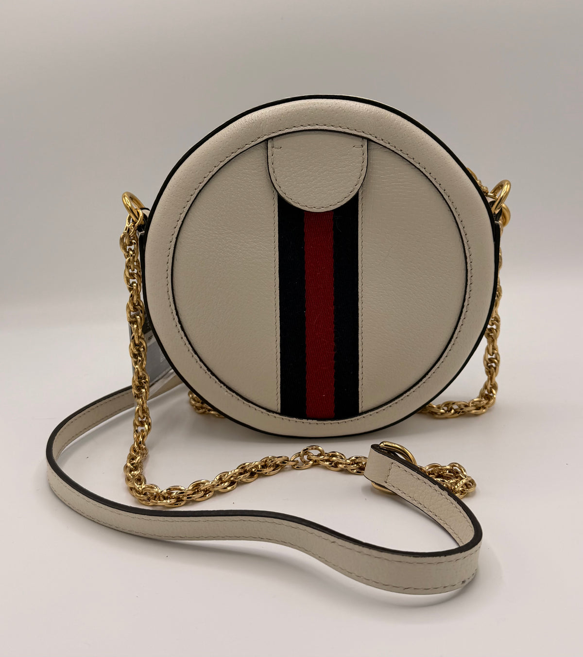 Gucci Ophidia Mini Round Crossbody Bag in White Leather with Web Stripe
