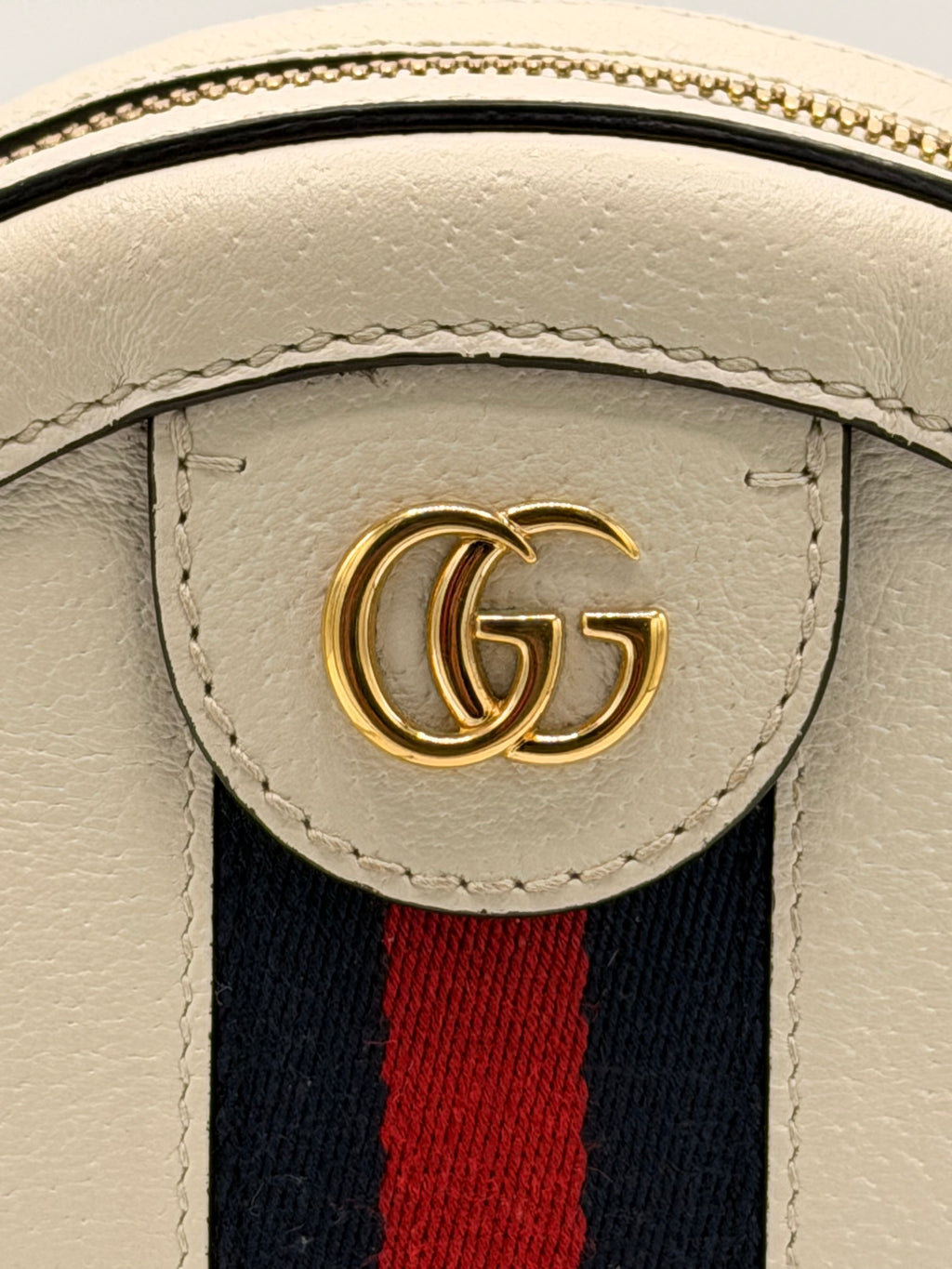 Gucci Ophidia Mini Round Crossbody Bag in White Leather with Web Stripe