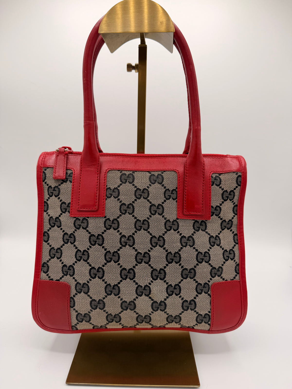 Vintage Gucci GG Canvas Top-Handle Tote with Red Leather Trim