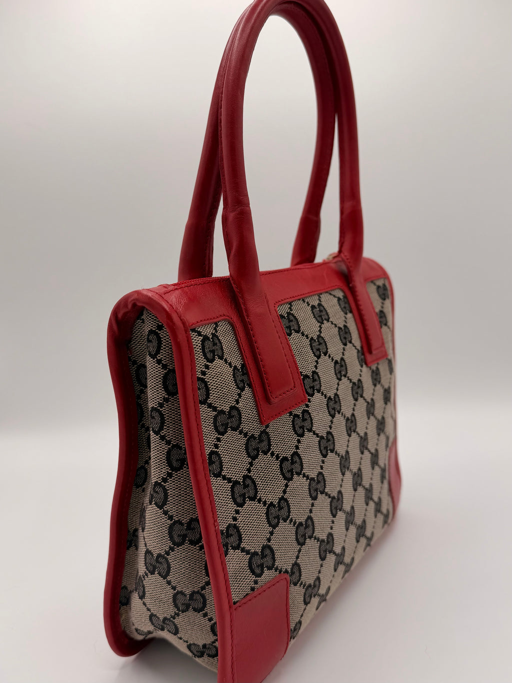 Gucci GG Canvas Top-Handle Bag, Red Trim [Model 000 0856]