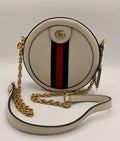 Gucci Ophidia Mini Round Crossbody Bag in White Leather with Web Stripe