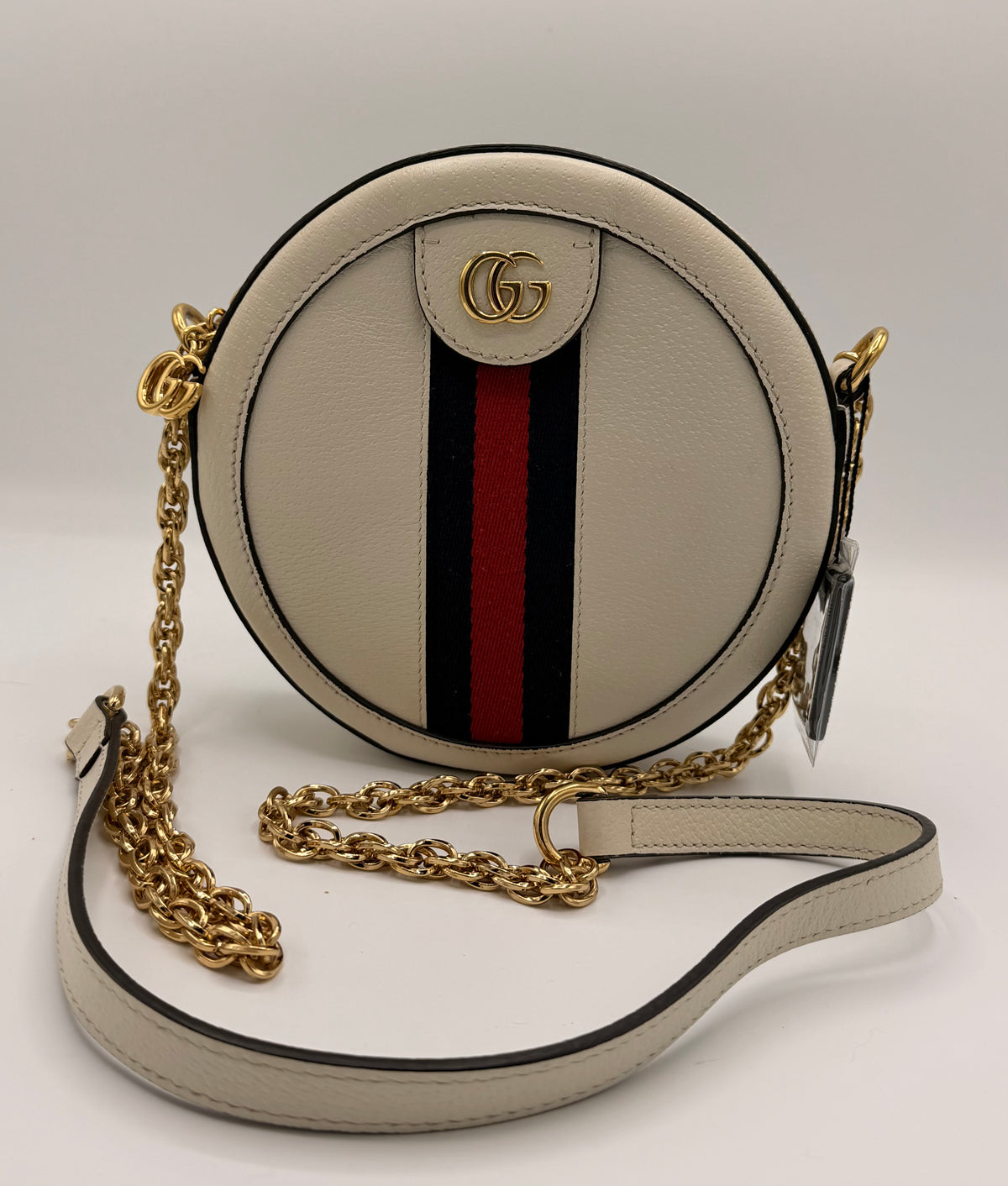 Gucci Ophidia Mini Round Crossbody Bag in White Leather with Web Stripe