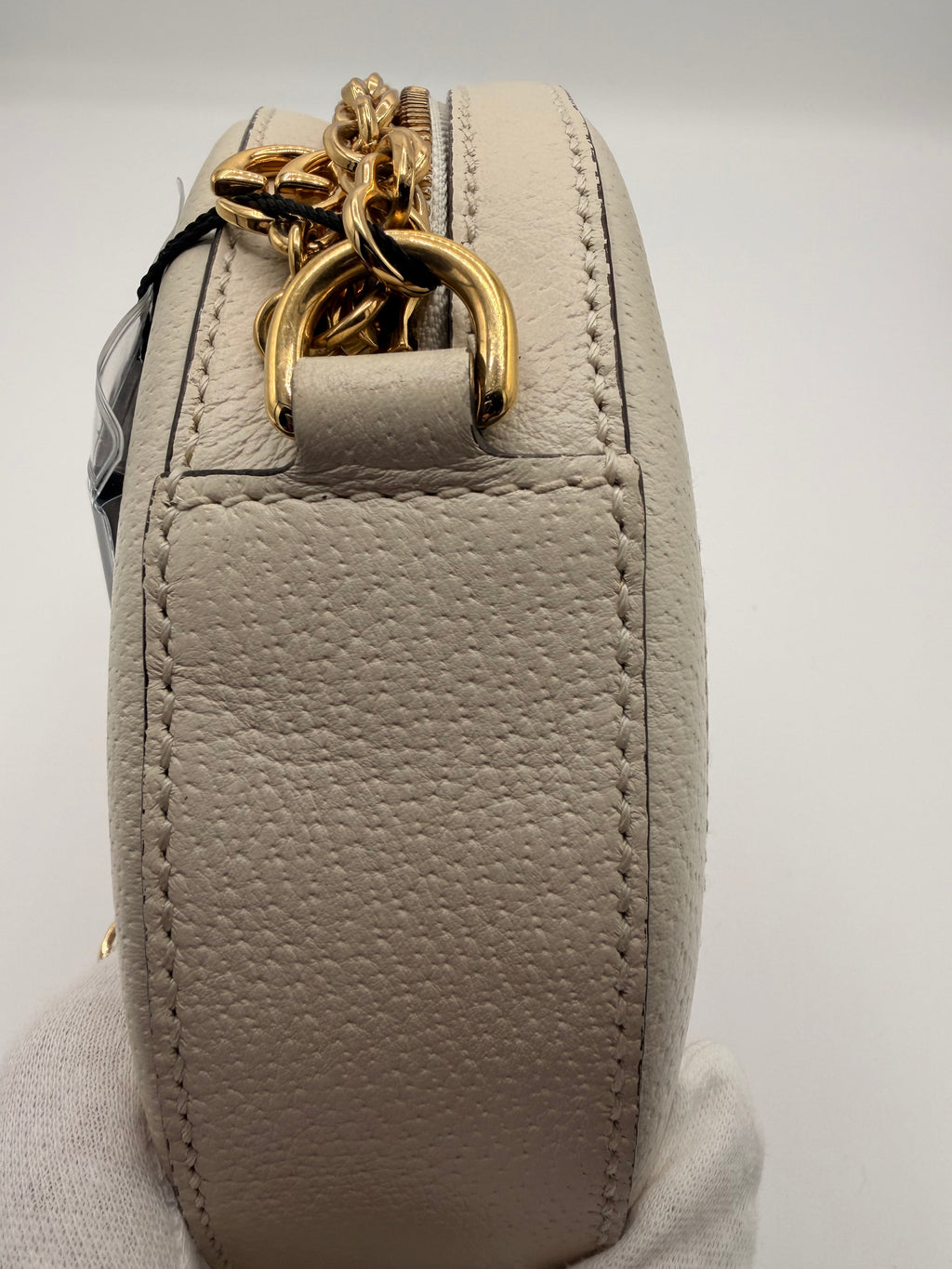 Gucci Ophidia Mini Round Crossbody Bag in White Leather with Web Stripe