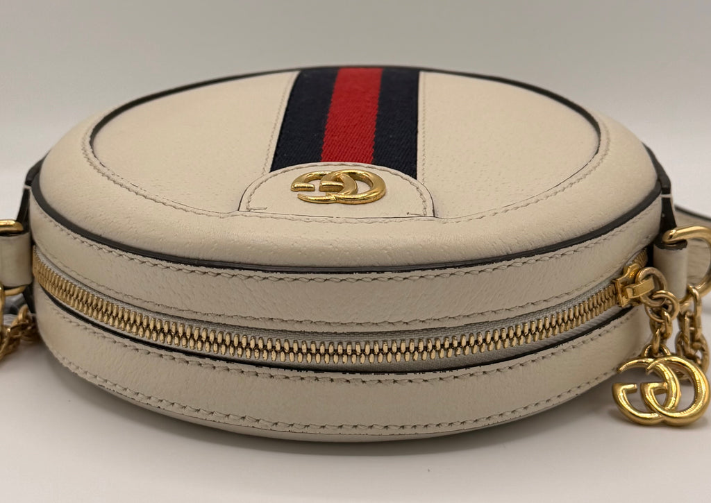 Gucci Ophidia Mini Round Crossbody Bag in White Leather with Web Stripe