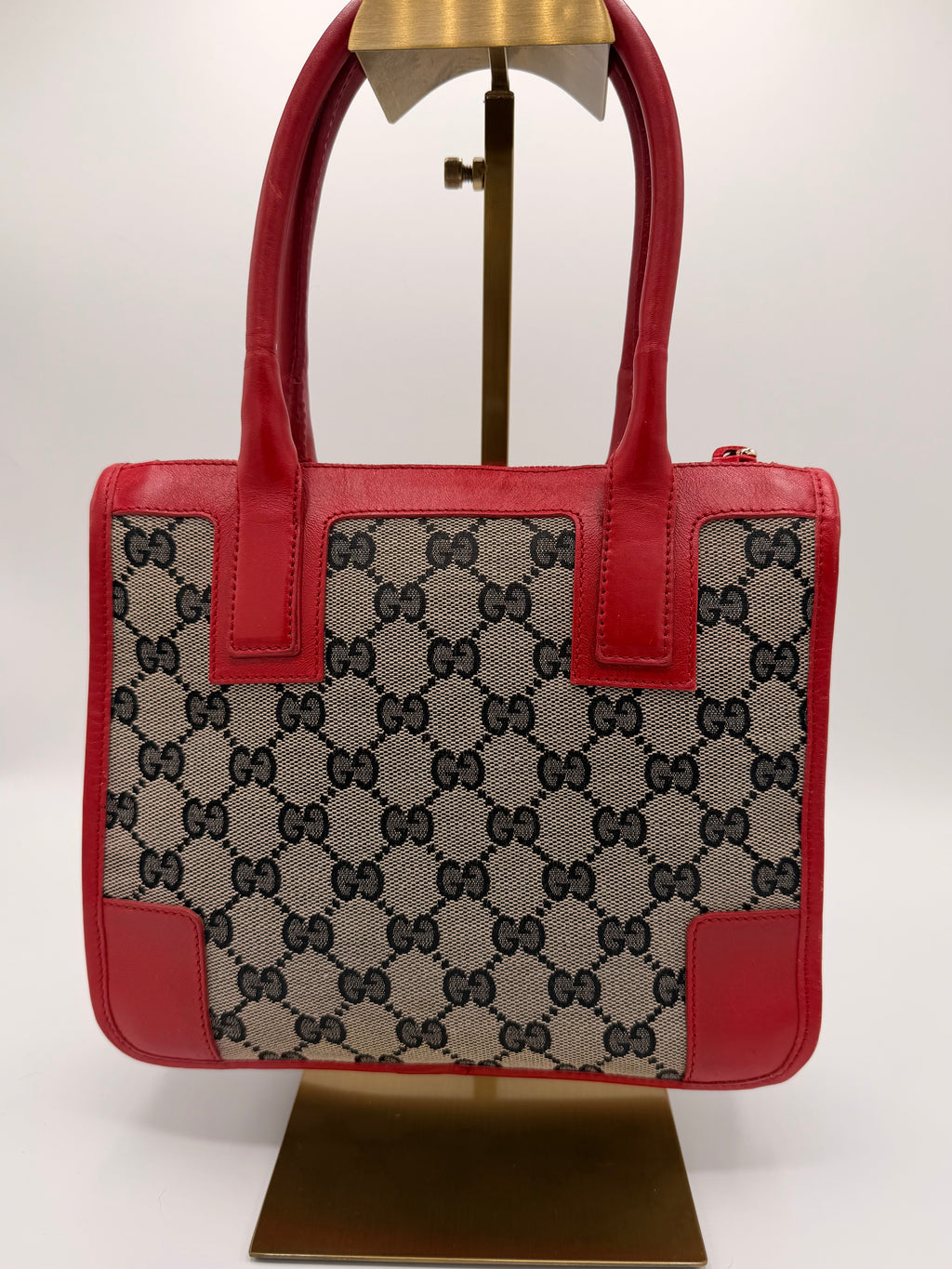 Vintage Gucci GG Canvas Top-Handle Tote with Red Leather Trim